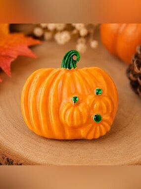 Festive Pumpkin Brooch Pin Orange Enamel Rhinestone Fall Harvest